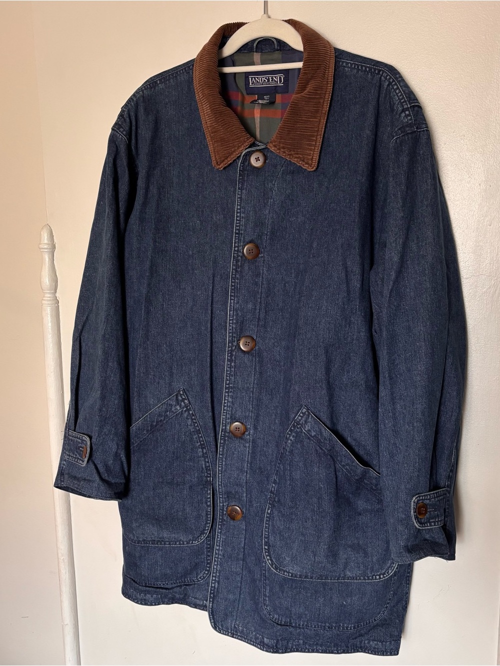 Vintage Lands End Denim Plaid Lined Barn/Chore Jacket • Size Large Tall